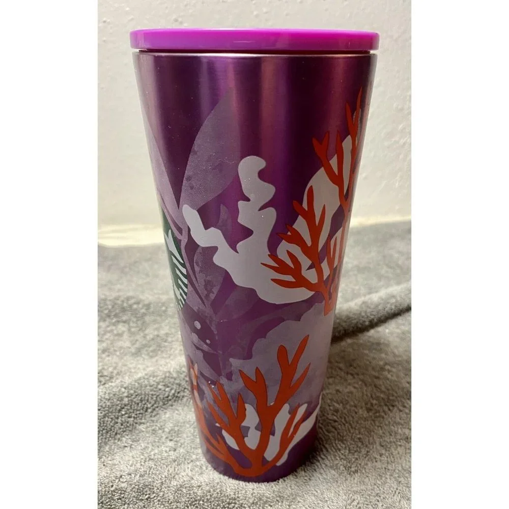 Starbucks Pink Purple Coral Reef metal 24 oz cold cup Tumbler 2021 NO STRAW ASIS